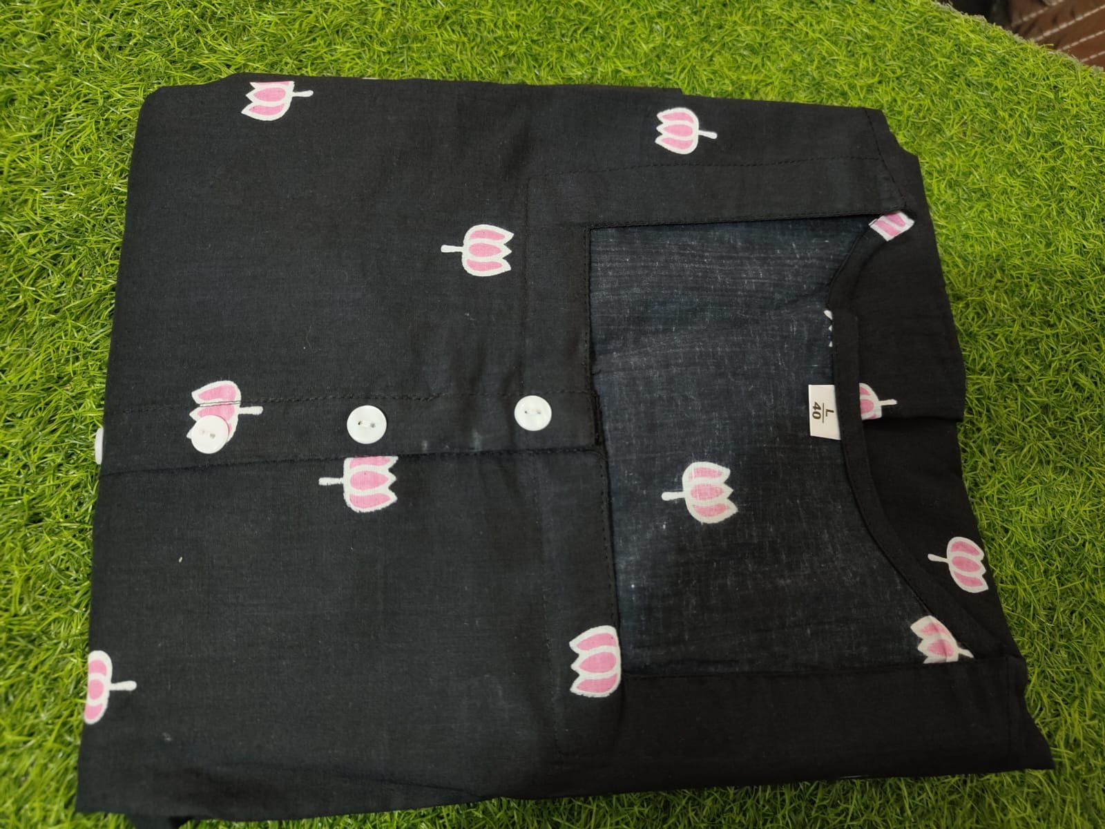 Black Lotus Print Pure Cotton Midi Gown